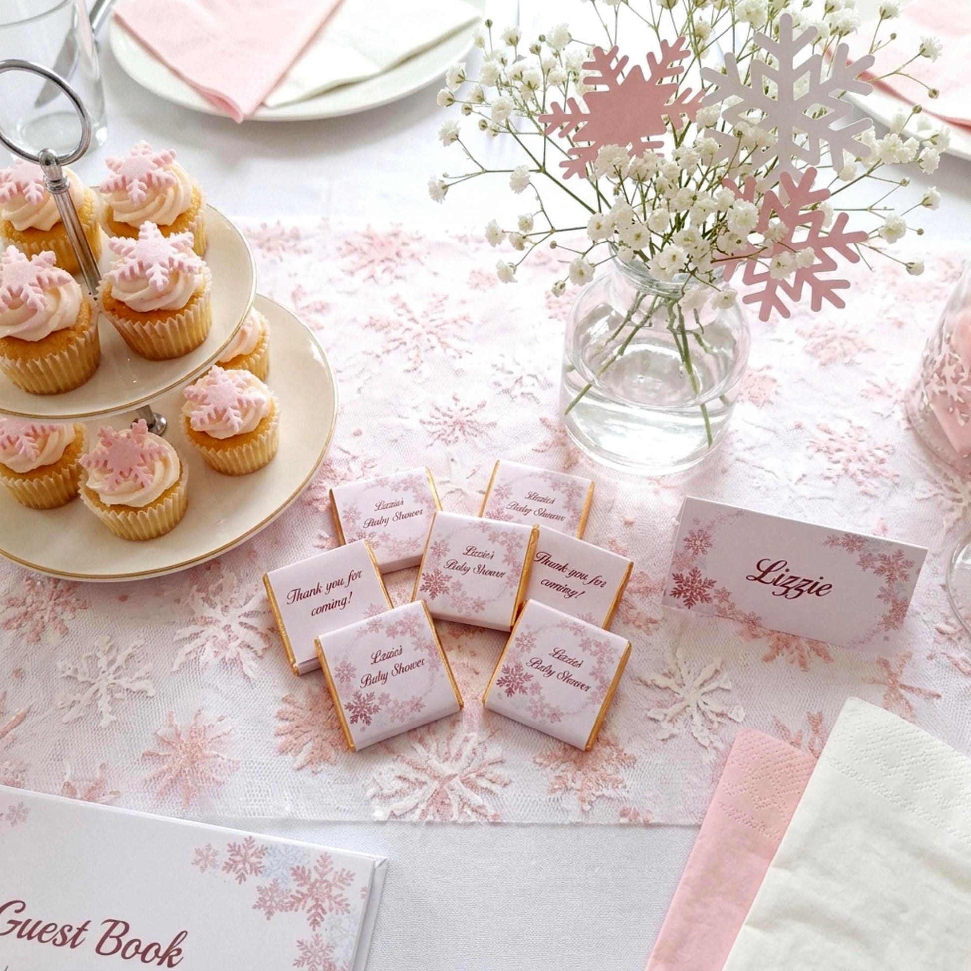 Personalised Snowflake Baby Shower Favours - Pink Winter Wonderland Chocolates