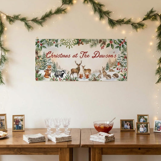 Personalised Woodland Christmas Banner - Custom Family Name Xmas Party Decor