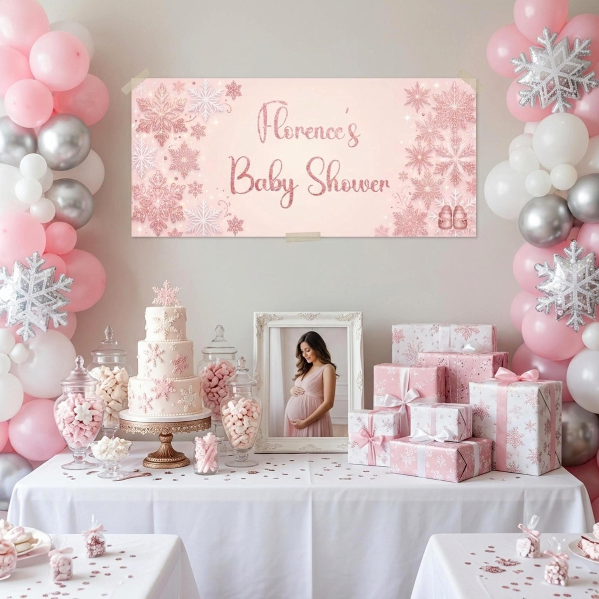 Personalised Snowflake Baby Shower Banner - Pink Winter Wonderland Decor