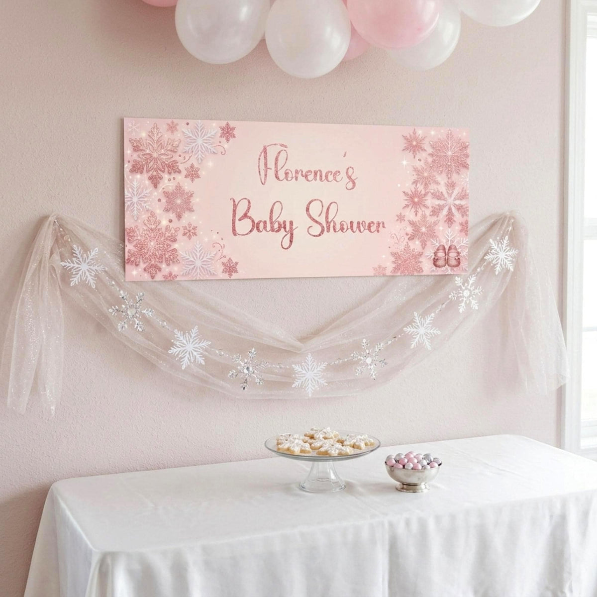 Personalised Snowflake Baby Shower Banner - Pink Winter Wonderland Decor