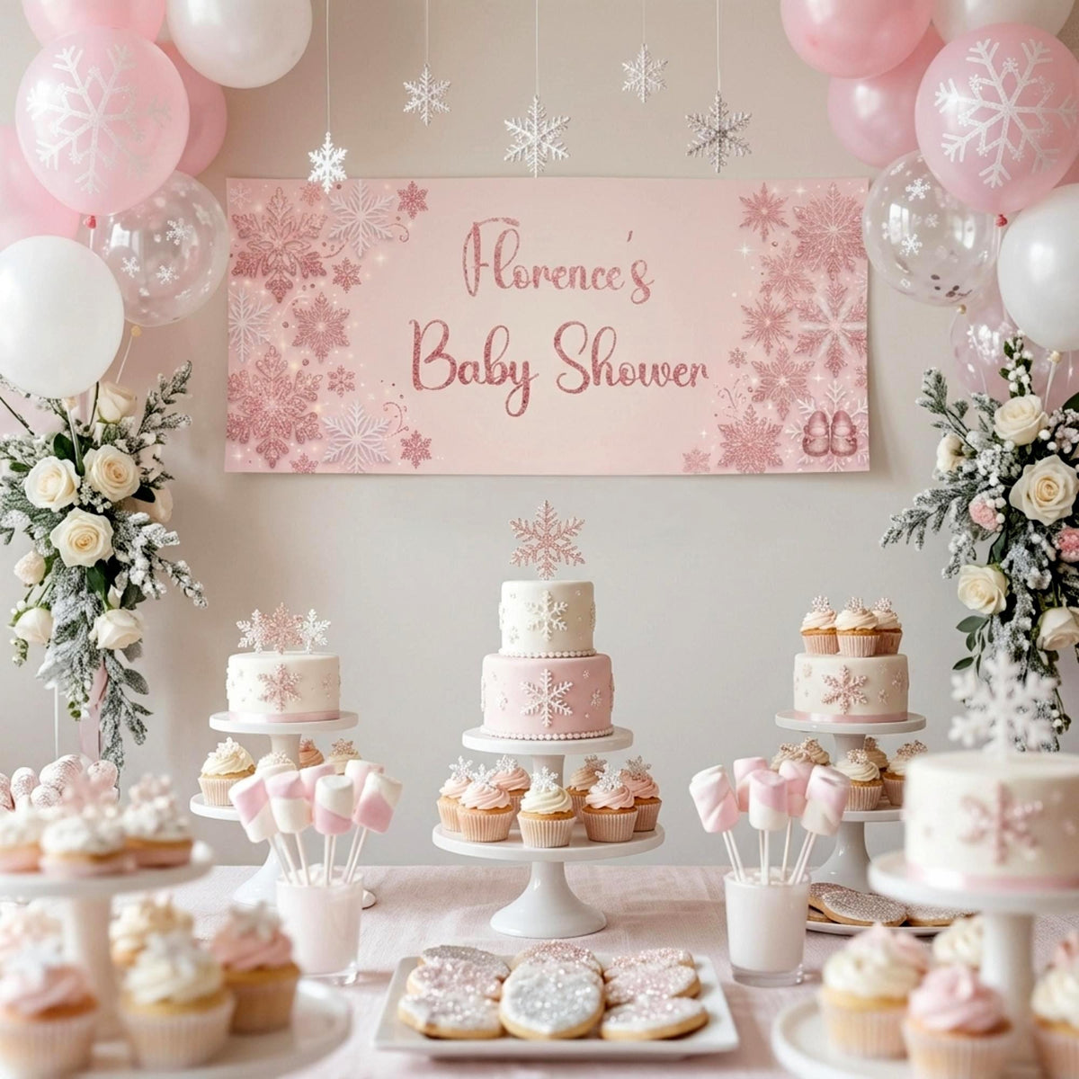 Personalised Snowflake Baby Shower Banner - Pink Winter Wonderland Decor