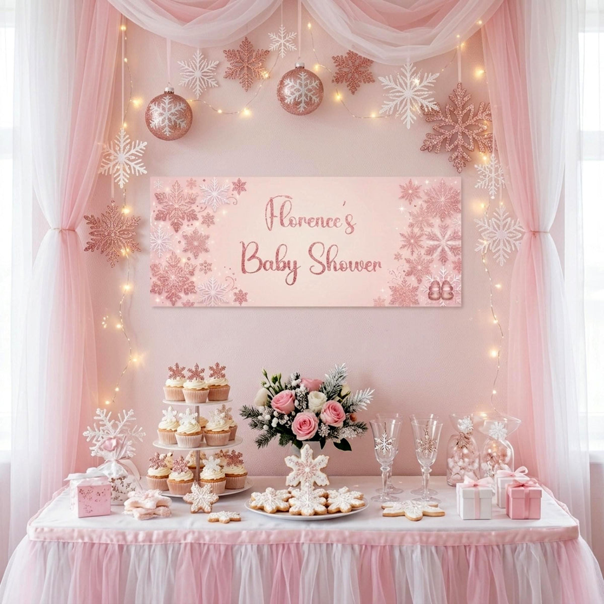 Personalised Snowflake Baby Shower Banner - Pink Winter Wonderland Decor