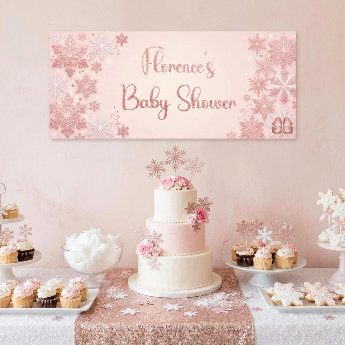 Personalised Snowflake Baby Shower Banner - Pink Winter Wonderland Decor