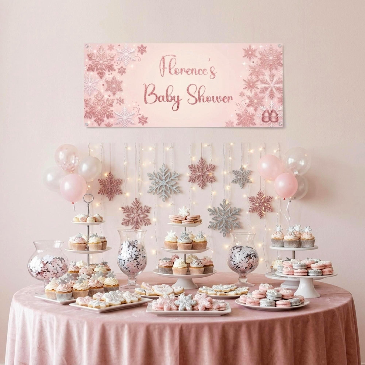 Personalised Snowflake Baby Shower Banner - Pink Winter Wonderland Decor