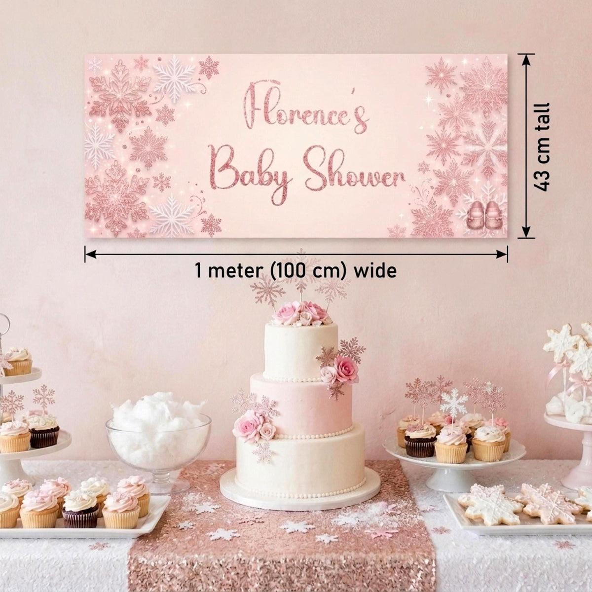 Personalised Snowflake Baby Shower Banner - Pink Winter Wonderland Decor