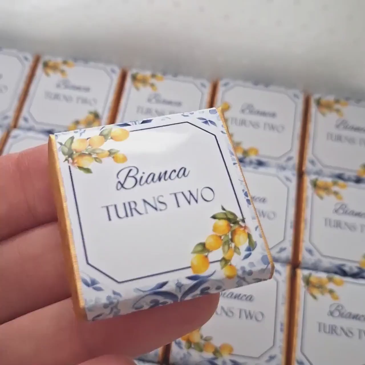 Personalised Mediterranean Lemon Chocolate Favours - Italian Blue Tile Birthday Decor - Citrus Party Bag Fillers