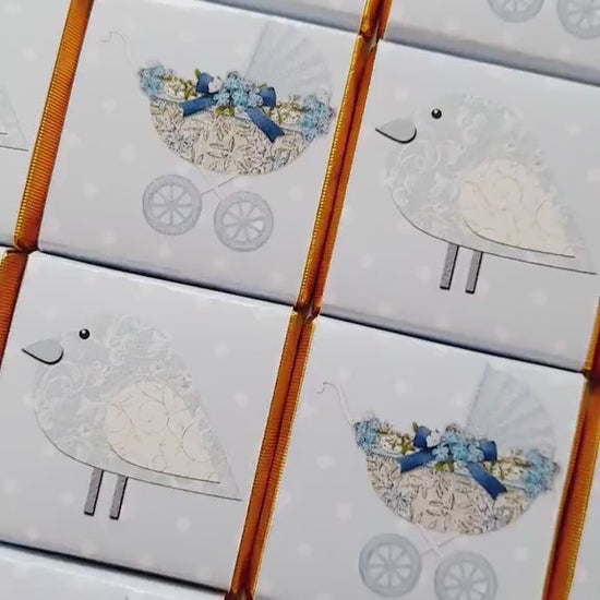 Personalised Baby Shower Chocolates – Pastel Blue Bird & Pram Treats