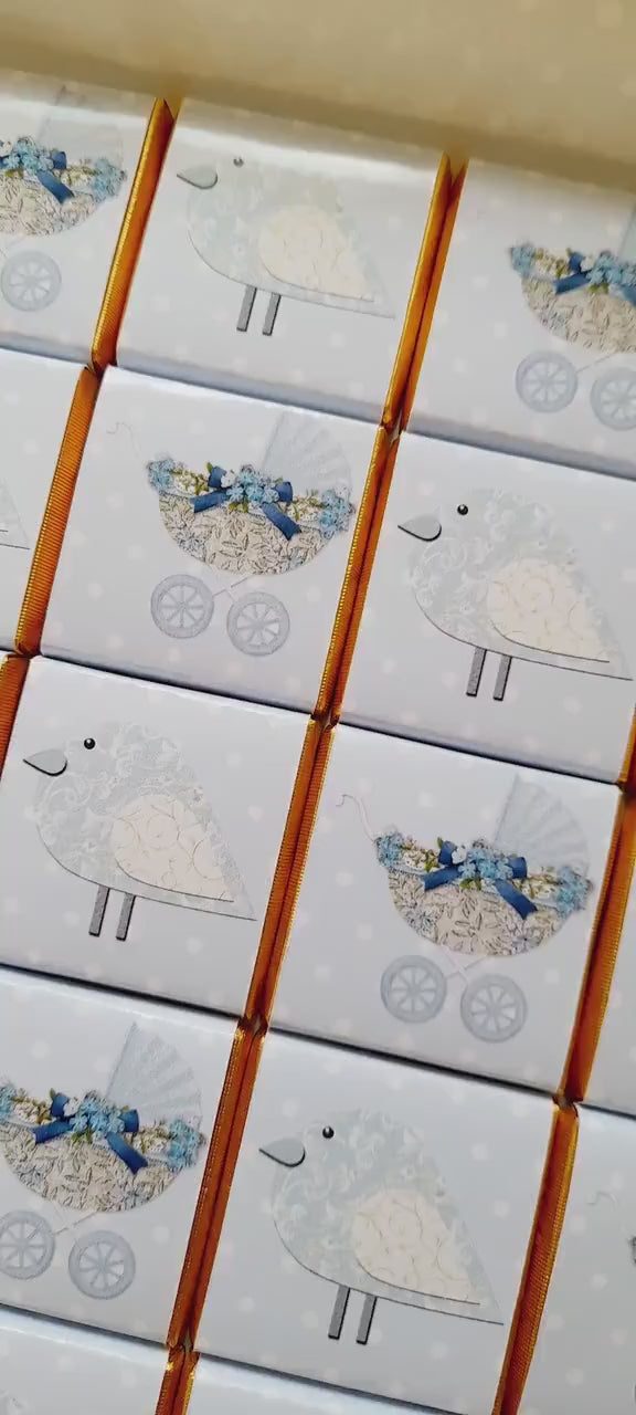 Personalised Baby Shower Chocolates – Pastel Blue Bird & Pram Treats