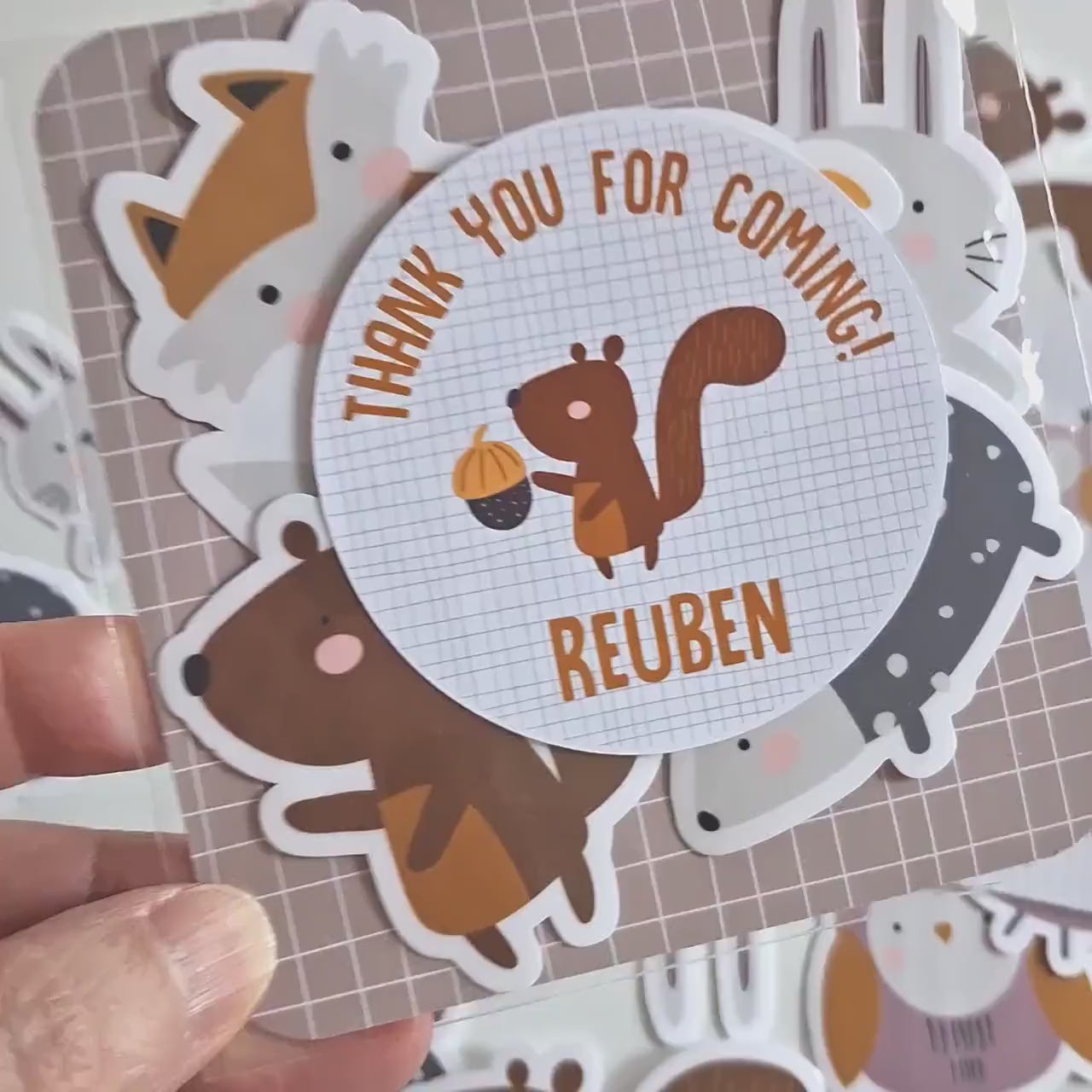 Personalised Woodland Vinyl Stickers Party Bags, Custom Forest Animal Birthday Favours