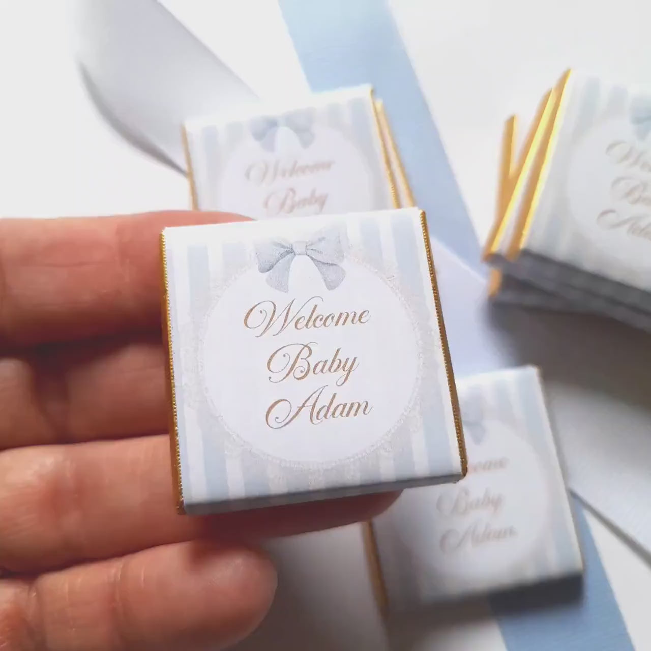 Personalised Baby Boy Chocolate Favours – Blue Stripe New Arrival Treats
