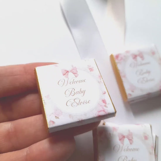 Personalised pink floral milk chocolates for baby girl shower favours and table decor